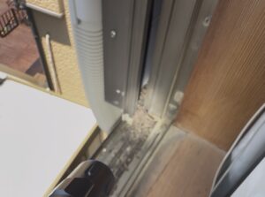 越谷市の住宅の戸袋に大量に溜まったアブラコウモリのフン。屋根裏や壁内への侵入の危険なサインです。