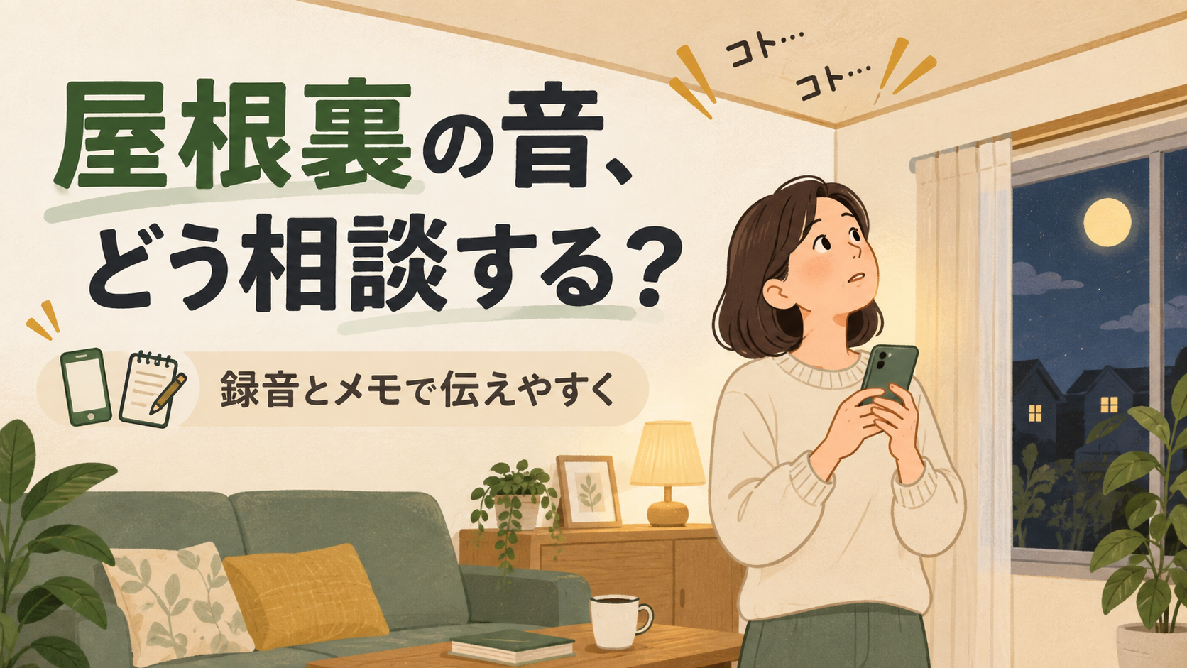 屋根裏の音、どう相談する? 室内からスマホで音を記録する女性のイラスト
