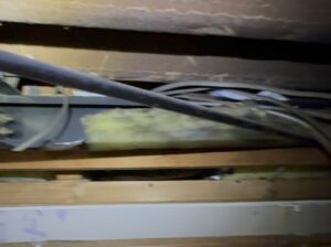 さいたま市の住宅の屋根裏で確認されたネズミの活動現場。冬眠しないネズミが電気配線をかじることで、漏電や火災の原因となる非常に危険な状態です。